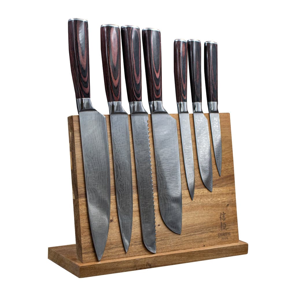 Quality Damascus Print Series 7-piece Knife Set + Acacia Knife Holder